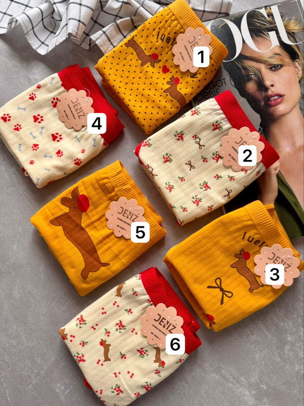 نمای نزدیک شورت نخی عروسکی طرح yellow puppy جنس نخ پنبه دنیز