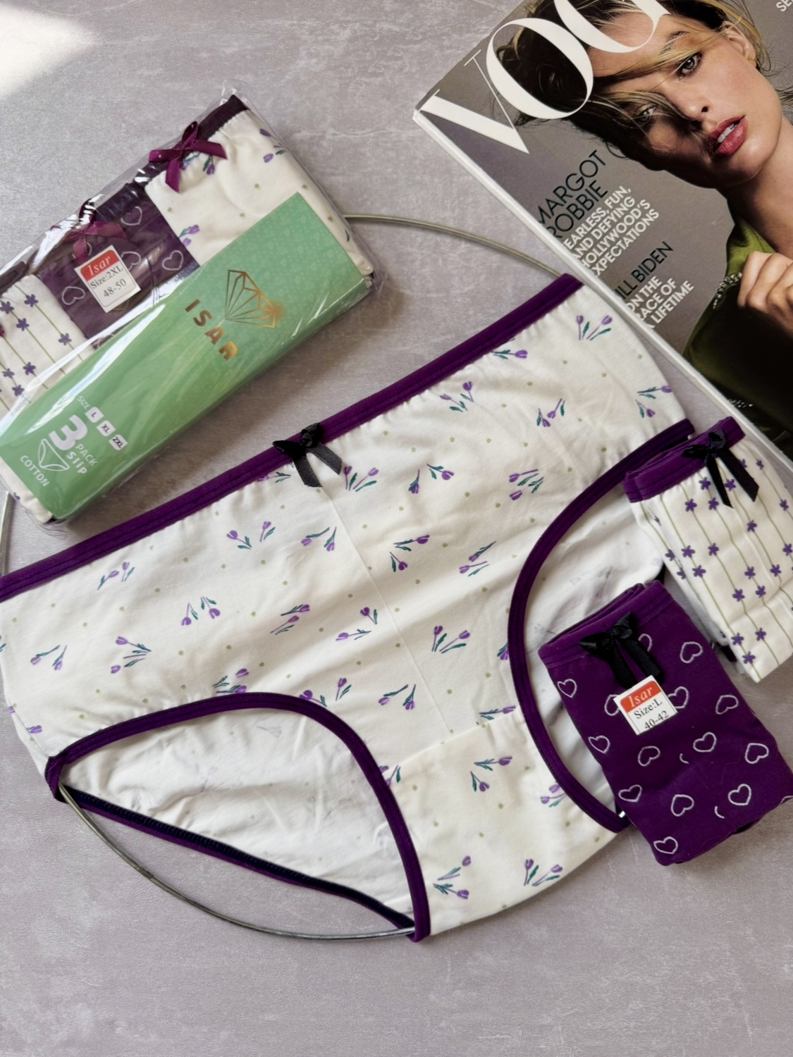 پک ۳ عددی شورت نخ پنبه سایزبندی 40 تا 5۲ طرح گل گل بنفشه 🪻